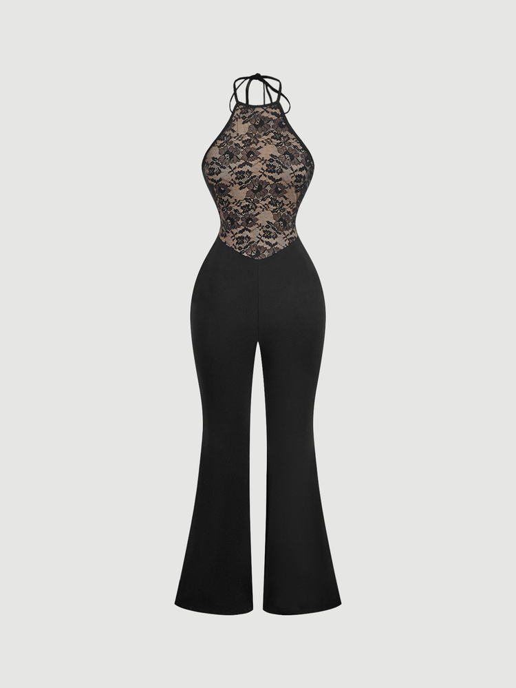 SHEIN MOD Women's 1pc Floral Lace Sheer Patchwork Halter Neck Backless Sleeveless Flare Leg Long Jumpsuit Black Coquette Sweet Gothic For Christmas Party Fall - Black - View 5