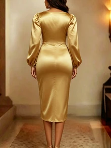 Femmeverse Plus Size Women's Solid Color Cowl Neck Lantern Sleeve Side Slit Hem Elegant Dress - Gold - View 2