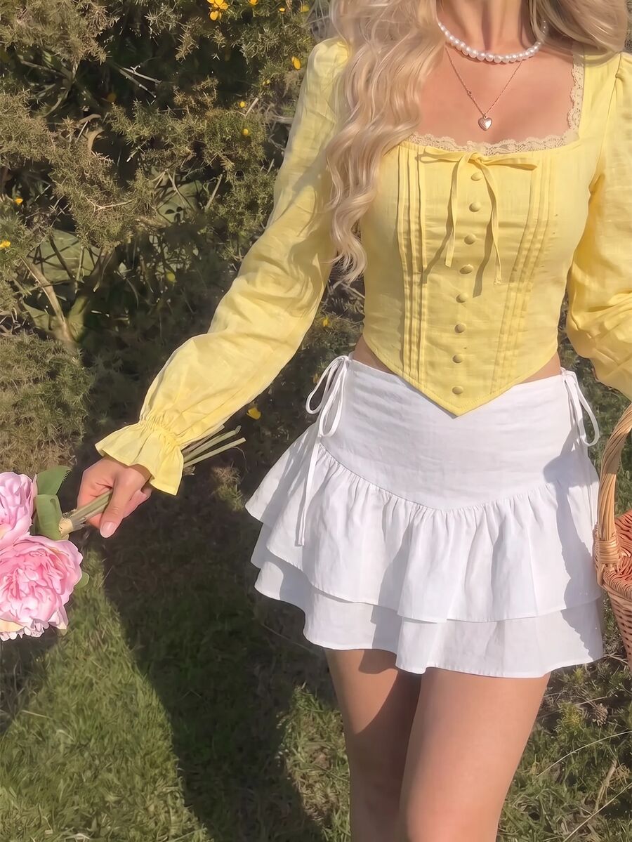 SHEIN MOD 女款 1 件裝 抓皺荷葉邊繫帶蝴蝶結方領泡泡袖修身束腰短版上衣 黃色 Coquette 風格甜美乳女風上衣 適合聖誕派對與秋季 - 黃色 - 查看 1
