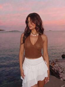 SHEIN MOD Top corto de mujer de 1 pieza de punto liso con escote en V profundo, cuello halter, espalda descubierta, cordones con cuentas y cordón ajustable, color marrón, estilo coquette dulce boho para fiesta de Navidad y otoño - Marrón - Ver 3