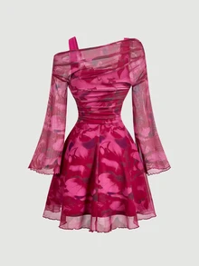 SHEIN MOD Women's Floral Print Asymmetric Neck Mini Dress - Hot Pink - View 5