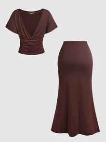 SHEIN MOD Women's 1pc Solid Ruched Waist Boat Neck Batwing Short Sleeve A Line Flared Midi Dress Brown Coquette Sweet Elegant For Christmas Party Wedding Fall - Chocolate Brown - View 6