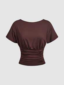 SHEIN MOD Women's 1pc Solid Ruched Waist Boat Neck Batwing Short Sleeve A Line Flared Midi Dress Brown Coquette Sweet Elegant For Christmas Party Wedding Fall - Chocolate Brown - View 9