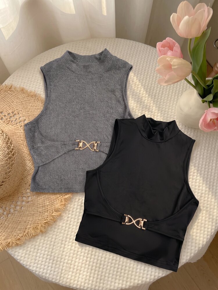 SHEIN MOD Women's 2pcs Ribbed Knit Solid Metal Buckle Mock Neck Sleeveless Slim Fit Crop Tank Top Set Black Grey Coquette Sweet Y2K For Christmas Party Fall - Multicolor - View 4