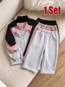 SHEIN 1set Infant Girls And Boys Solid Color Zipper Stand Collar Fleece Sweatshirt & Wide Leg Sweatpants Set, Autumn/Winter Outfit For Toddlers, Outwear - Multicolor - View 1