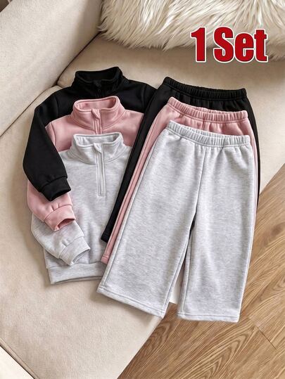 SHEIN طقم ملابس خريف/شتاء للأطفال الرضع من البنات والأولاد، سويت شيرت من الصوف الناعم بلون سادة مع سحاب وياقة واقفة وبنطال رياضي بساق واسعة، ملابس خارجية
