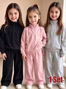 SHEIN 1set Infant Girls And Boys Solid Color Zipper Stand Collar Fleece Sweatshirt & Wide Leg Sweatpants Set, Autumn/Winter Outfit For Toddlers, Outwear - Multicolor - View 3