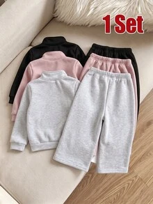 SHEIN 1set Infant Girls And Boys Solid Color Zipper Stand Collar Fleece Sweatshirt & Wide Leg Sweatpants Set, Autumn/Winter Outfit For Toddlers, Outwear - Multicolor - View 2