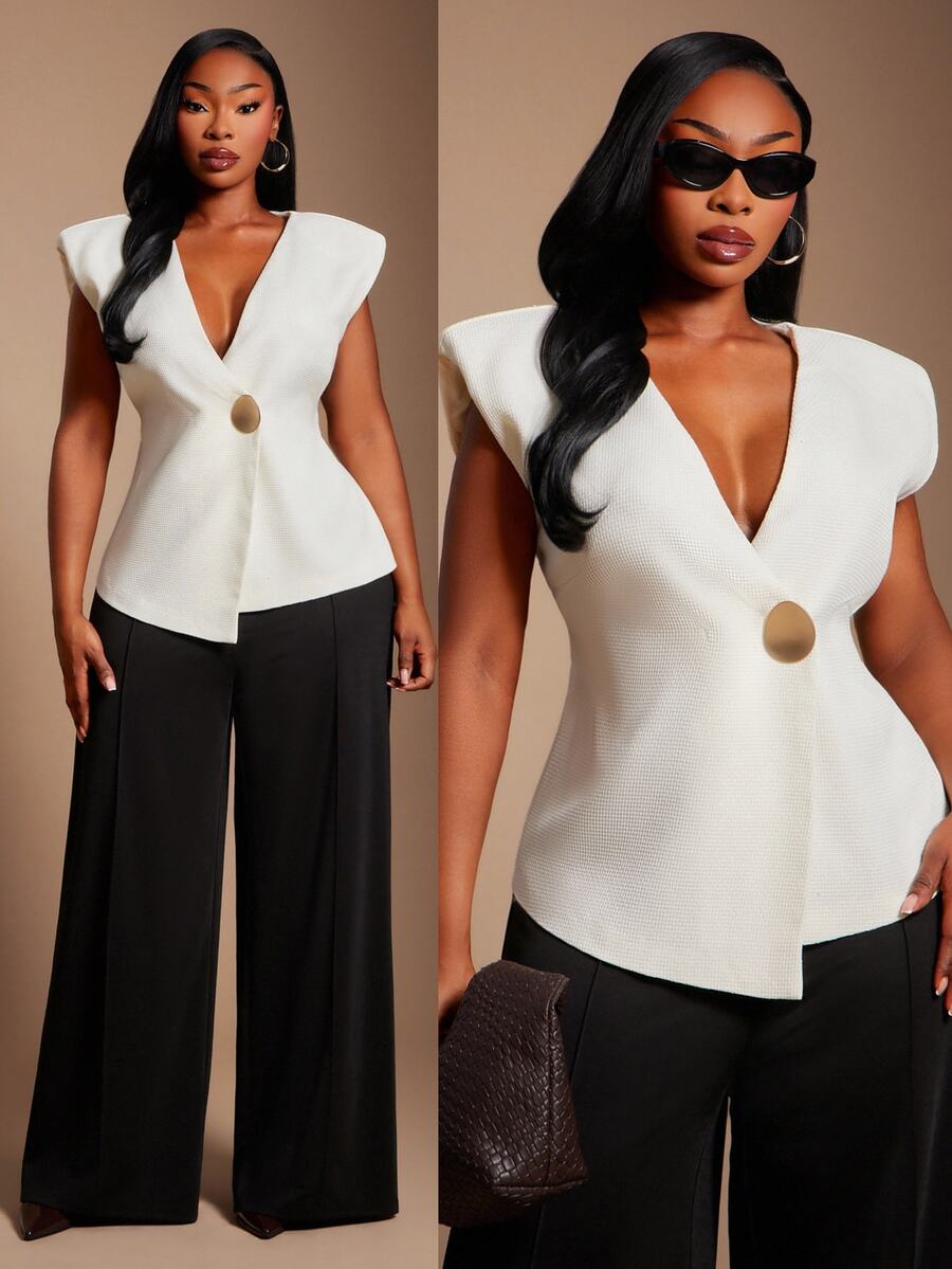 Radiana Curve Plus Size Women's Metal Single Button Fashion Vest Jacket - White - View 1