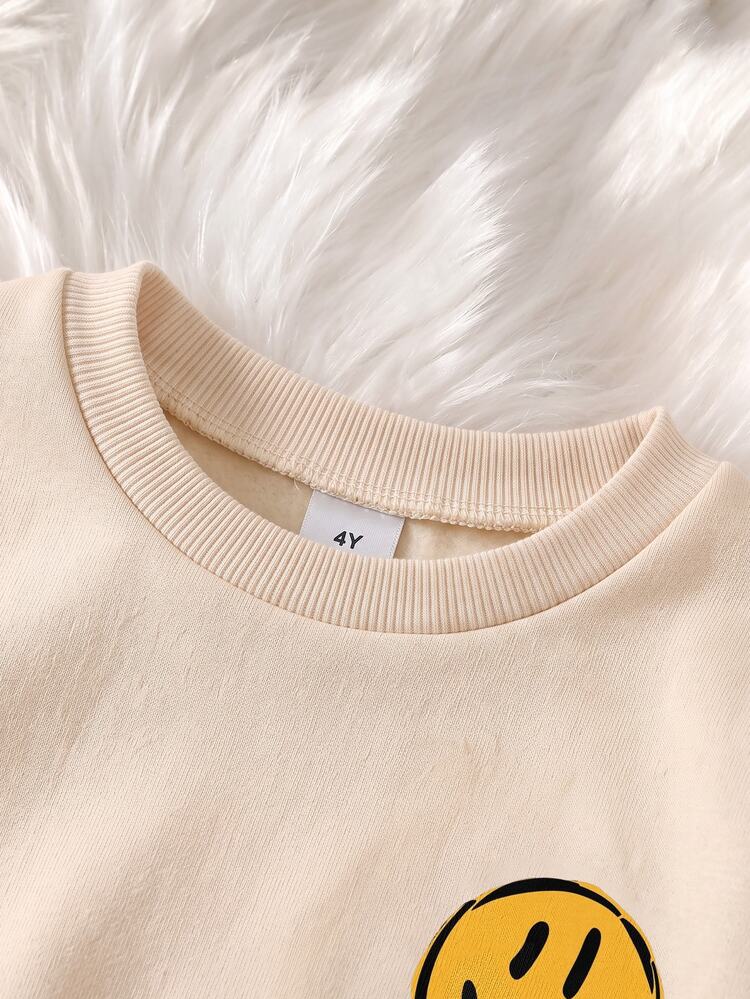 Young Boys Apricot Crew Neck Sweatshirt, Ribbed Cuffs Design. Small Tongue-Out Smiling Face Print On Chest, Vintage Letter And Big Smiling Face Pattern On Back, Loose Fit Comfortable, Playful And Simple Style, Soft And Skin-Friendly - Multicolor - View 7