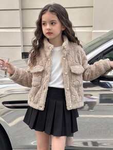 SHEIN Elladie kids 女童秋冬立領珍珠鈕扣紋理毛茸茸泰迪抓絨外套 優雅休閒口袋外套 秋季服飾 - 卡其色 - 查看 2