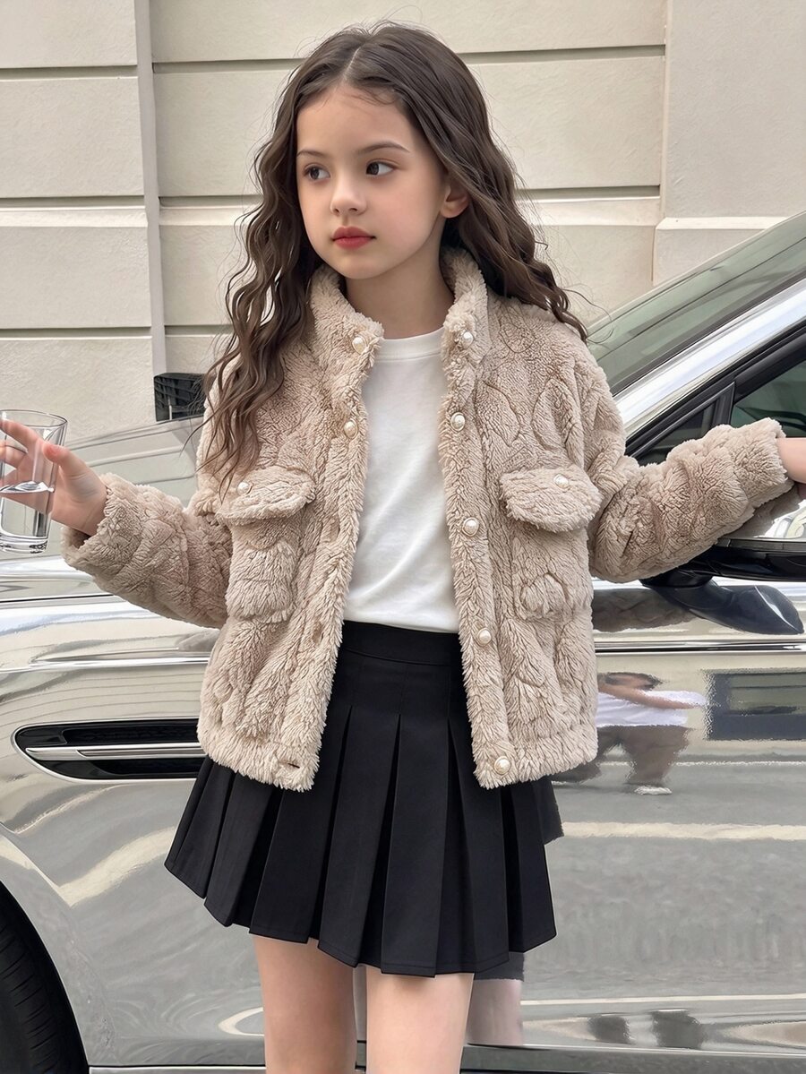 SHEIN Elladie kids 女童秋冬立領珍珠鈕扣紋理毛茸茸泰迪抓絨外套 優雅休閒口袋外套 秋季服飾