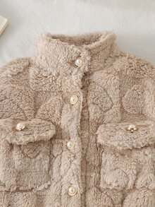 SHEIN Elladie kids 女童秋冬立領珍珠鈕扣紋理毛茸茸泰迪抓絨外套 優雅休閒口袋外套 秋季服飾 - 卡其色 - 查看 7