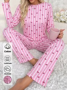 SHEIN طقم بيجامة نسائي مريح بخصر عالي وأكمام طويلة مطبوع بطبعة كرز لطيفة وخطوط - متعدد الألوان - مشاهدة 1