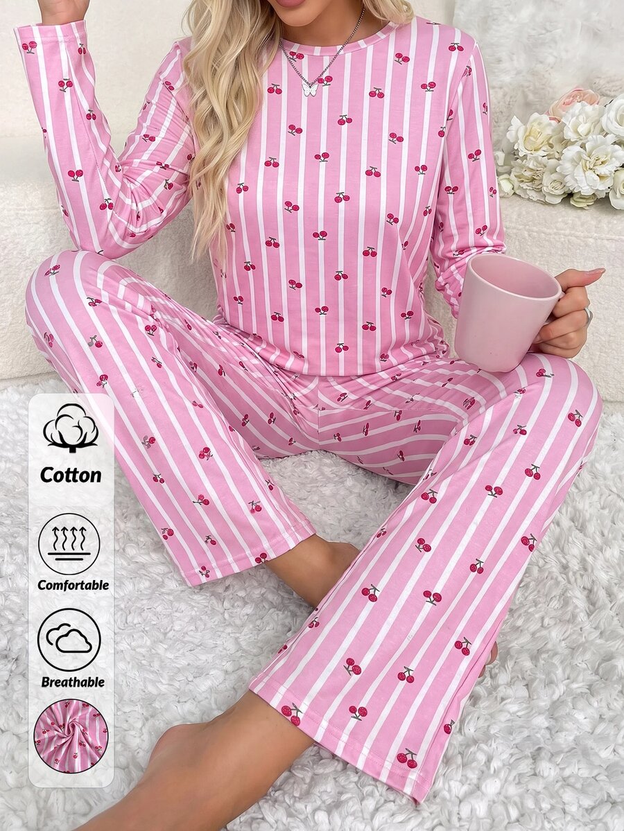SHEIN طقم بيجامة نسائي مريح بخصر عالي وأكمام طويلة مطبوع بطبعة كرز لطيفة وخطوط - متعدد الألوان - مشاهدة 1