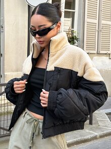 DAZY 双色落肩泰迪熊衬里拉链冬季厚口袋外套，冬季女装，冬季外套女式夹克 - 彩色 - 查看 1