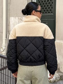 DAZY 双色落肩泰迪熊衬里拉链冬季厚口袋外套，冬季女装，冬季外套女式夹克 - 彩色 - 查看 2