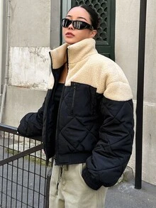 DAZY 双色落肩泰迪熊衬里拉链冬季厚口袋外套，冬季女装，冬季外套女式夹克 - 彩色 - 查看 8