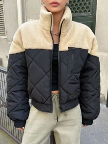 DAZY 双色落肩泰迪熊衬里拉链冬季厚口袋外套，冬季女装，冬季外套女式夹克 - 彩色 - 查看 5