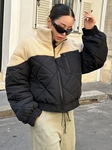 DAZY 双色落肩泰迪熊衬里拉链冬季厚口袋外套，冬季女装，冬季外套女式夹克 - 彩色 - 查看 6