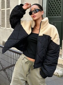 DAZY 双色落肩泰迪熊衬里拉链冬季厚口袋外套，冬季女装，冬季外套女式夹克 - 彩色 - 查看 4