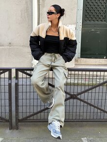 DAZY 双色落肩泰迪熊衬里拉链冬季厚口袋外套，冬季女装，冬季外套女式夹克 - 彩色 - 查看 7