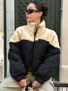 DAZY 双色落肩泰迪熊衬里拉链冬季厚口袋外套，冬季女装，冬季外套女式夹克 - 彩色 - 查看 3