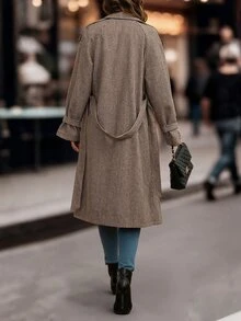 SHEIN Clasi Women's Double-Breasted Long Sleeve Trench Coat With Thermal Lining - Mocha Brown - View 6