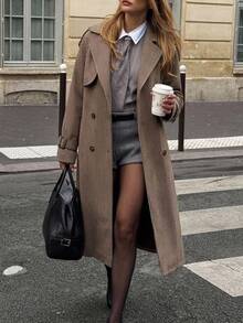 SHEIN Clasi Women's Double-Breasted Long Sleeve Trench Coat With Thermal Lining - Mocha Brown - View 2