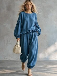 SHEIN Women 2 Pieces Casual Outfit Set,Round Neck Ruffle Hem Lantern Sleeve Top Elastic Cuff Pants Textured Solid Blue Loose Matching Casual All-Match Blue Top - Blue - View 1