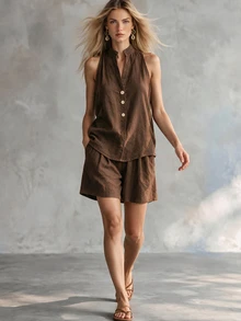 SHEIN Women's Solid Color Notch V-Neck Top And Shorts Casual Daily Set - Coffee Brown - View 1