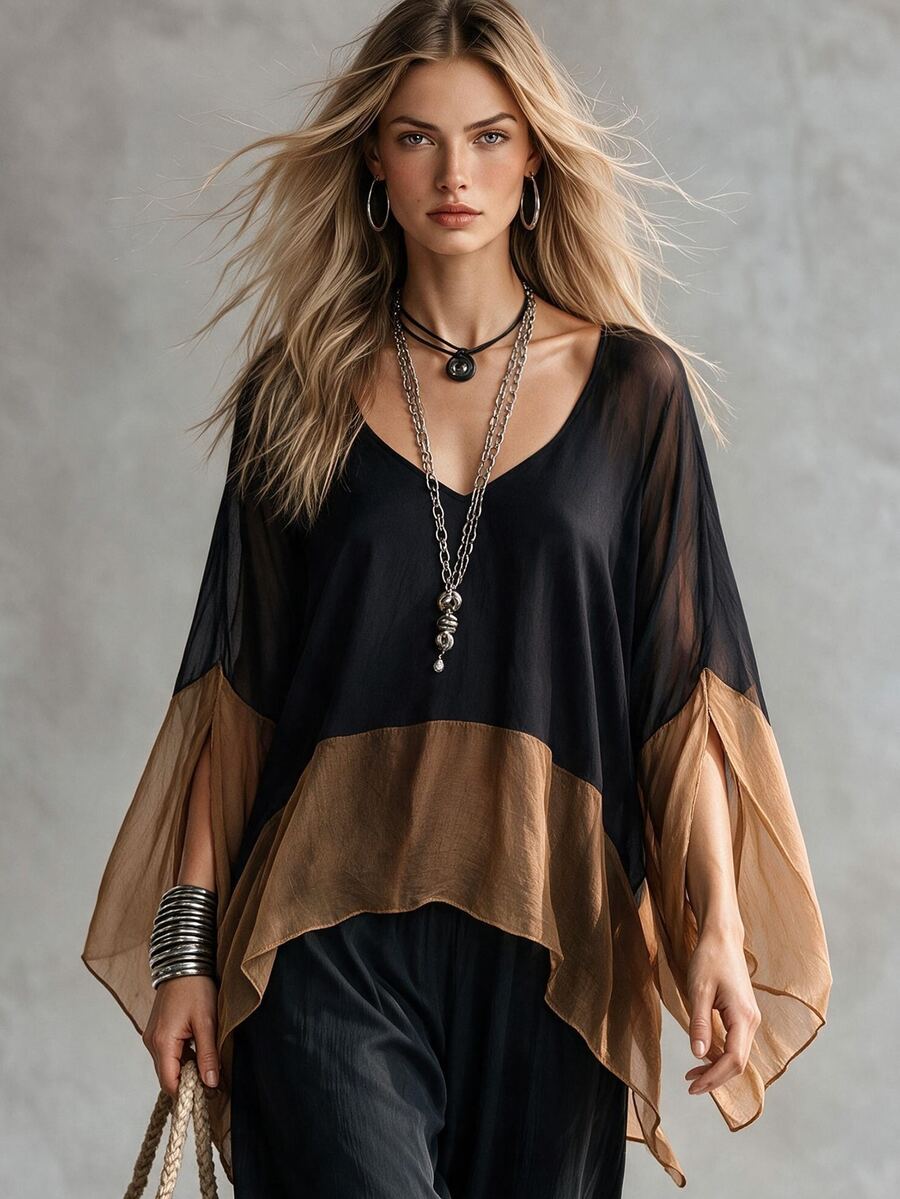 SHEIN Women's Colorblock Street Style Asymmetrical Hem Slimming T-Shirt