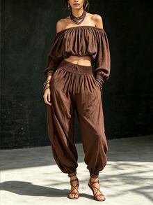 SHEIN Women's Bohemian Style 2-Piece Set: Off-Shoulder Long Sleeve Fitted Top And Drawstring Harem Pants, Vintage Brown Linen Fabric, Matching Design, Suitable For Vacation Wear - Brown - View 4