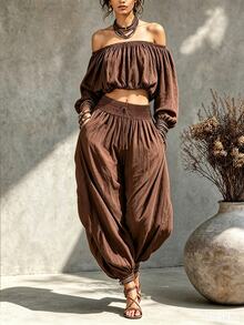 SHEIN Women's Bohemian Style 2-Piece Set: Off-Shoulder Long Sleeve Fitted Top And Drawstring Harem Pants, Vintage Brown Linen Fabric, Matching Design, Suitable For Vacation Wear - Brown - View 5