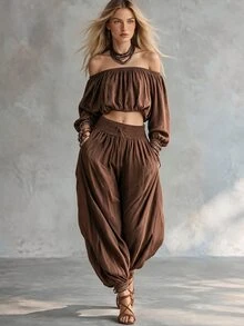 SHEIN Women's Bohemian Style 2-Piece Set: Off-Shoulder Long Sleeve Fitted Top And Drawstring Harem Pants, Vintage Brown Linen Fabric, Matching Design, Suitable For Vacation Wear - Brown - View 2