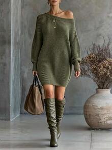 Trelyra 女款秋冬休閒性感純色針織洋裝 早午餐穿搭 橄欖綠 - 軍綠色 - 查看 7