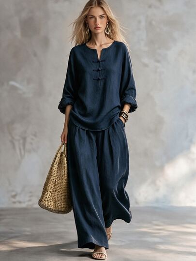 Trelyra Navy Blue Set, Vintage Handmade Frog Button Top, Loose Drop Shoulder Fit. Paired With Same Color Wide Leg Pants, Draping And Comfortable, Relaxed And Slimming, Commute Outfit, Casual Wear, Women's Leisure Set, Autumn/Winter Clothing