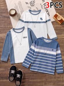 SHEIN Genkimix Kids 3 Packs Kids 4-8Y Casual Striped & Denim Patchwork Long Sleeve T-Shirt Set - Blue and White - View 1