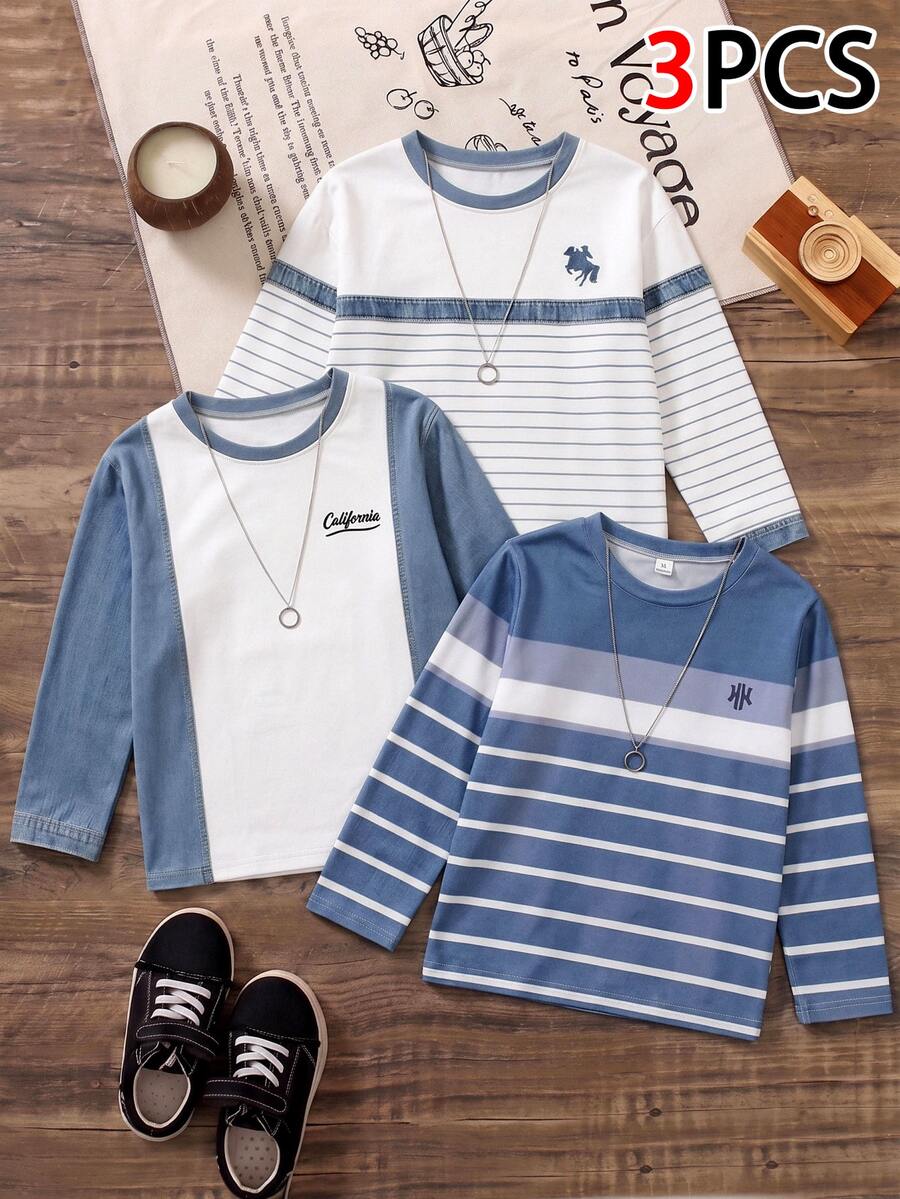 SHEIN Genkimix Kids 3 Packs Kids 4-8Y Casual Striped & Denim Patchwork Long Sleeve T-Shirt Set - Blue and White - View 1