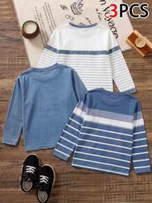SHEIN Genkimix Kids 3 Packs Kids 4-8Y Casual Striped & Denim Patchwork Long Sleeve T-Shirt Set - Blue and White - View 2