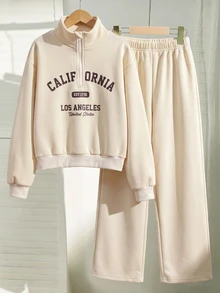 SHEIN 青少年女孩米色/白色厚實保暖運動衫套裝，半拉鍊上衣搭配純色直筒休閒運動長褲，適合學校、秋季、萬聖節、聖誕節 - 米色 - 查看 4