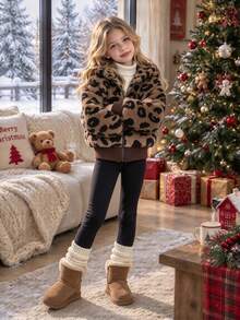 1pc Girls Leopard Print Fuzzy Hooded Long Sleeve Zipper Front Cuffed Waist Short Jacket Knit Fuzzy Jacket Outerwear Autumn/Winter Fall Clothes, Fall - Brown - View 7