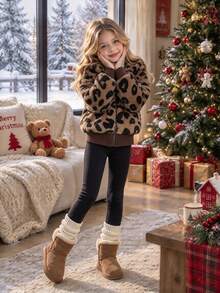 1pc Girls Leopard Print Fuzzy Hooded Long Sleeve Zipper Front Cuffed Waist Short Jacket Knit Fuzzy Jacket Outerwear Autumn/Winter Fall Clothes, Fall - Brown - View 5