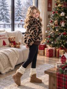 1pc Girls Leopard Print Fuzzy Hooded Long Sleeve Zipper Front Cuffed Waist Short Jacket Knit Fuzzy Jacket Outerwear Autumn/Winter Fall Clothes, Fall - Brown - View 2