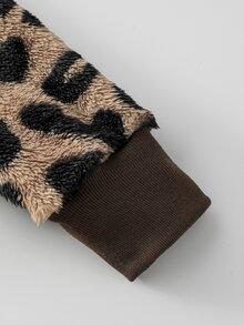 1pc Girls Leopard Print Fuzzy Hooded Long Sleeve Zipper Front Cuffed Waist Short Jacket Knit Fuzzy Jacket Outerwear Autumn/Winter Fall Clothes, Fall - Brown - View 8