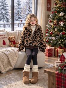 1pc Girls Leopard Print Fuzzy Hooded Long Sleeve Zipper Front Cuffed Waist Short Jacket Knit Fuzzy Jacket Outerwear Autumn/Winter Fall Clothes, Fall - Brown - View 4