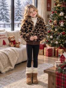 1pc Girls Leopard Print Fuzzy Hooded Long Sleeve Zipper Front Cuffed Waist Short Jacket Knit Fuzzy Jacket Outerwear Autumn/Winter Fall Clothes, Fall - Brown - View 3