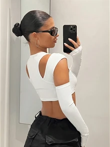 SHEIN ICON Y2k Street Wear Y2k Cut Out Front White Crop Top With Arm Sleeves Night Out Autumn - White - View 2