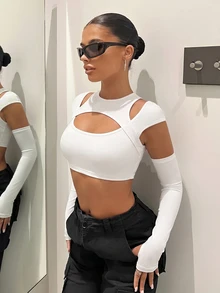 SHEIN ICON Y2k Street Wear Y2k Cut Out Front White Crop Top With Arm Sleeves Night Out Autumn - White - View 4
