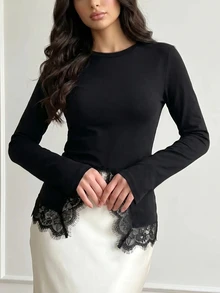Feyla Women's Lace Patchwork Slim Fit Versatile Daily Long Sleeve T-Shirt - Black - View 3